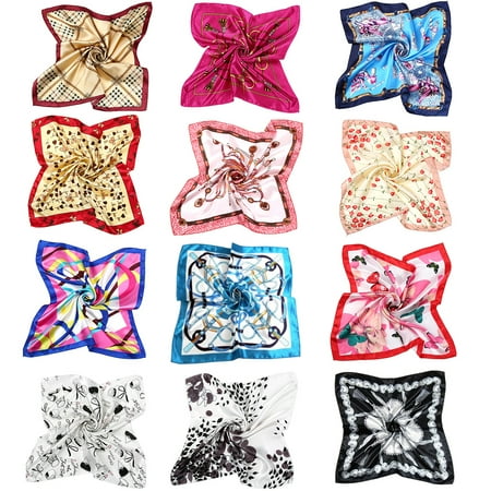 Womens Satin Scarf-Womens 12 Mixed Designs 19.7 inch Square Satin Womens Fashionable Neck Head Scarf Scarves Bundle Lot Set (Best Size Scarf For Head Wrap)