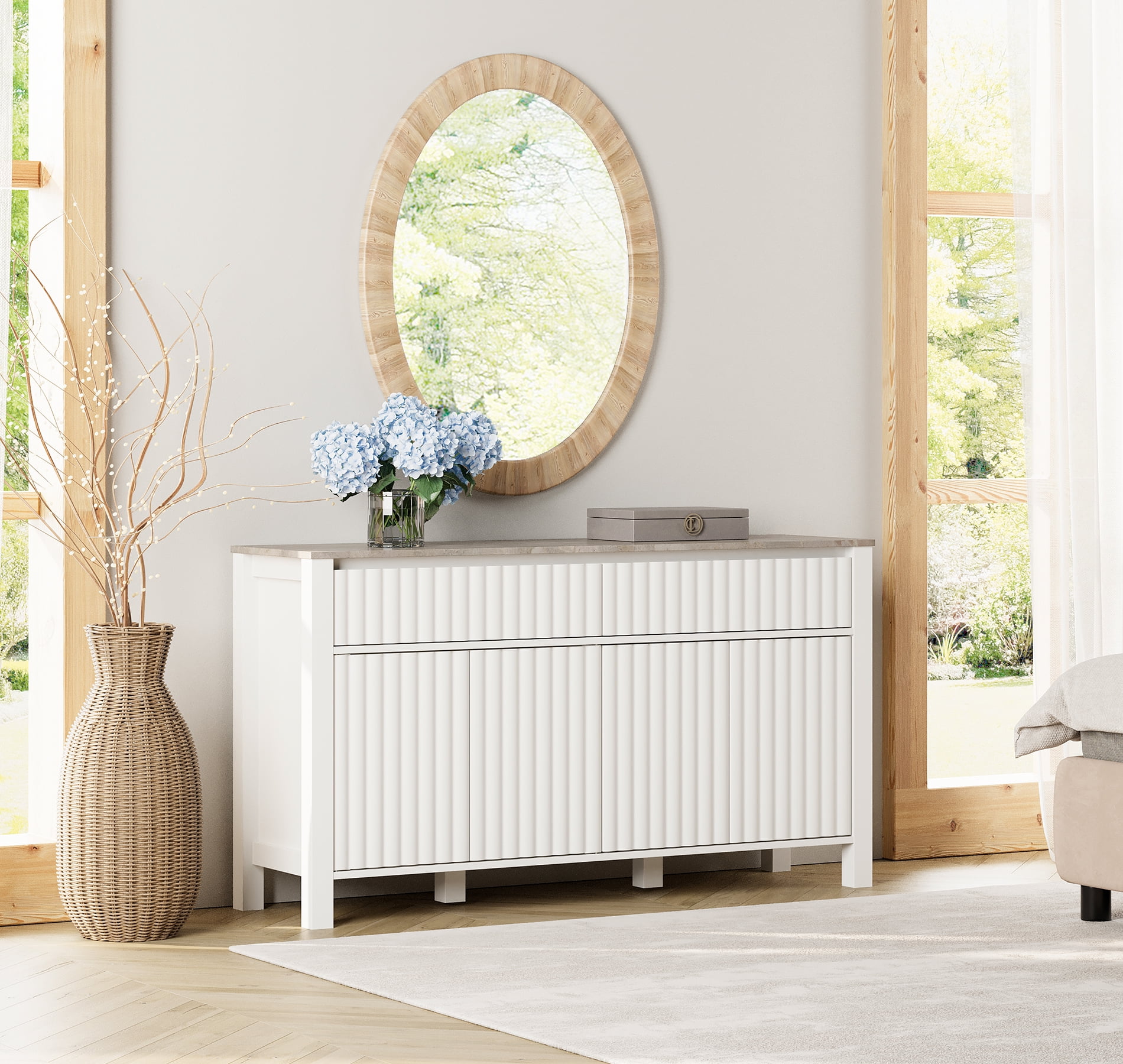 White Accent Storage Entryway with 4 Doors and 2 Drawers for Living Room