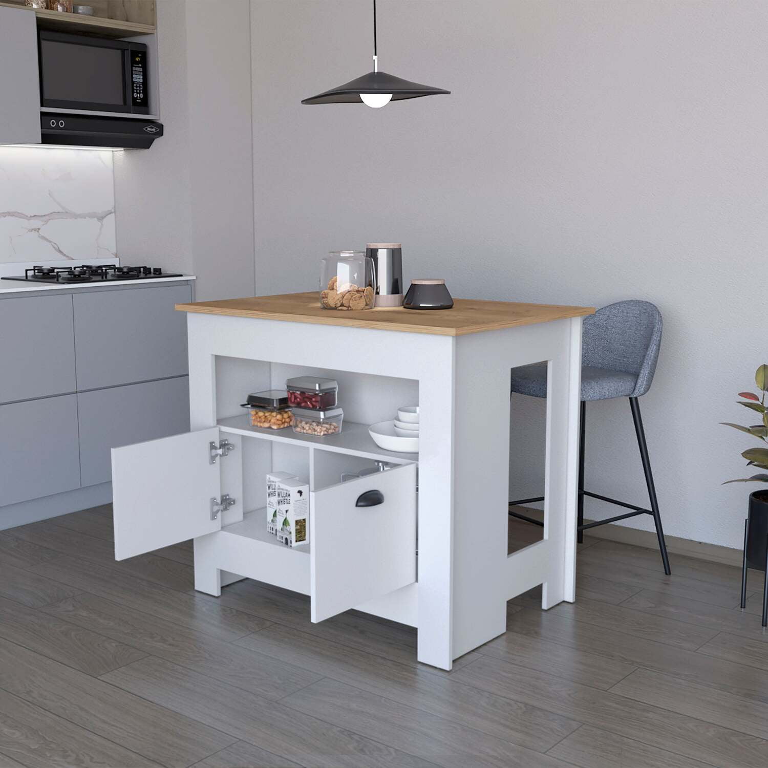 FM FURNITURE Theba Kitchen Island with 2 doors 3 shelves White Engineered Wood