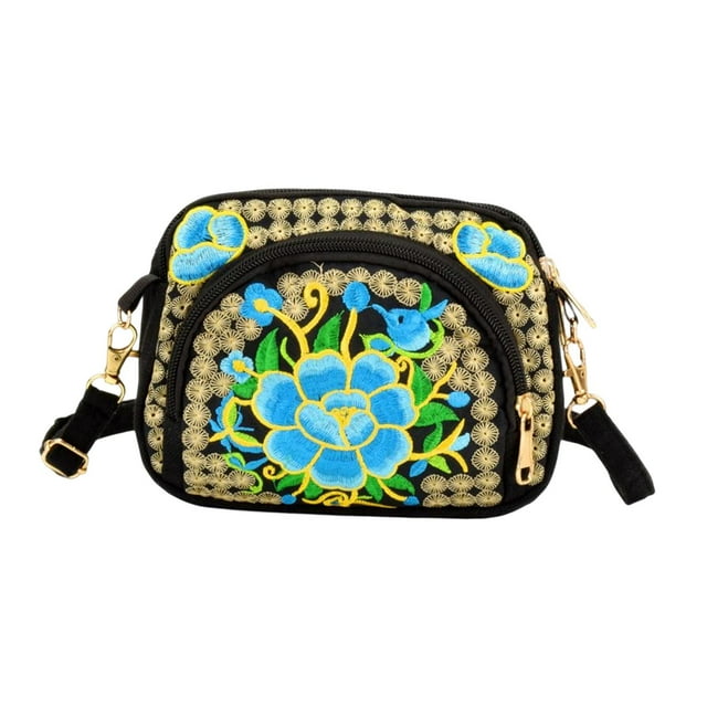 Sac à Bandoulière Ethnique en Toile Brodée pour Rendez-Vous Maison Magasinage Bleu