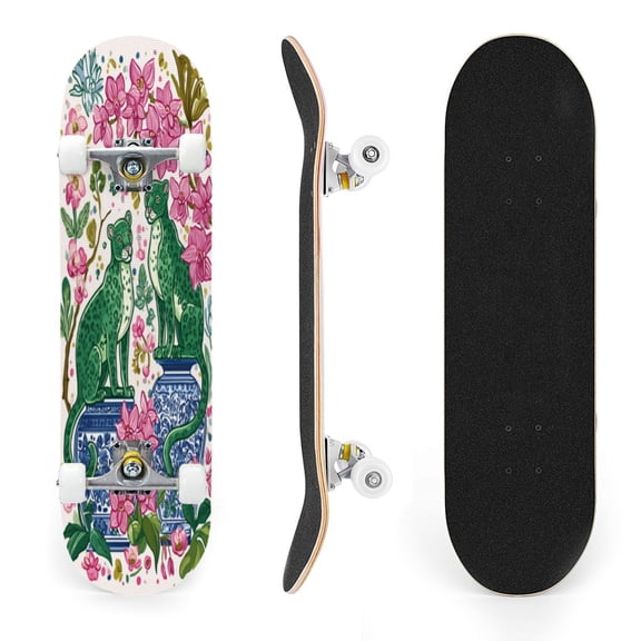 31"x8" Green Jaguars Complete Skateboards for Beginners, Double Kick 7 Ply Maple Deck pink orchids blue porcelain Skateboard with Wheels, Gifts for Kids Teens