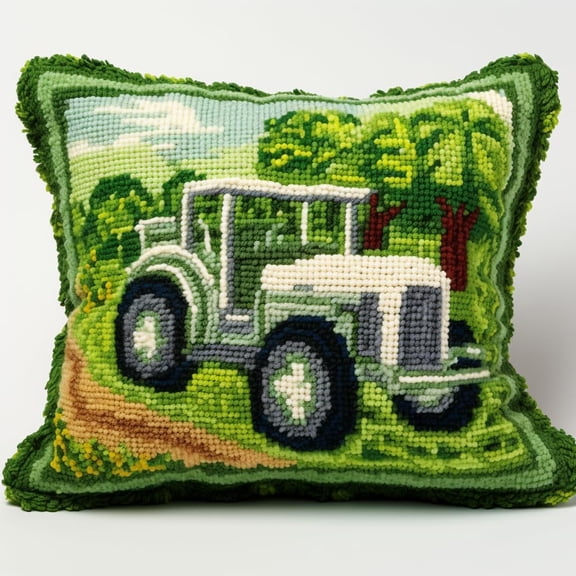 Tractor Latch Hook Pillow Kit for Adults Throw Pillow Cover with Printed Canvas Crochet Yarn Needle Craft Easy DIY Handmade Cushion for Sofa Decoration 43x43cm(2)