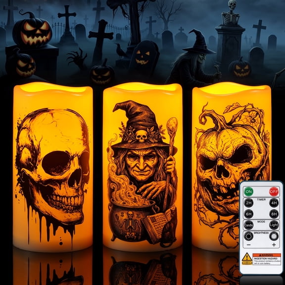Homemory Flameless Pillar Candles Outdoor Waterproof LED Battery Operated with Remote Timer Halloween Set of 3 3x6 Inch