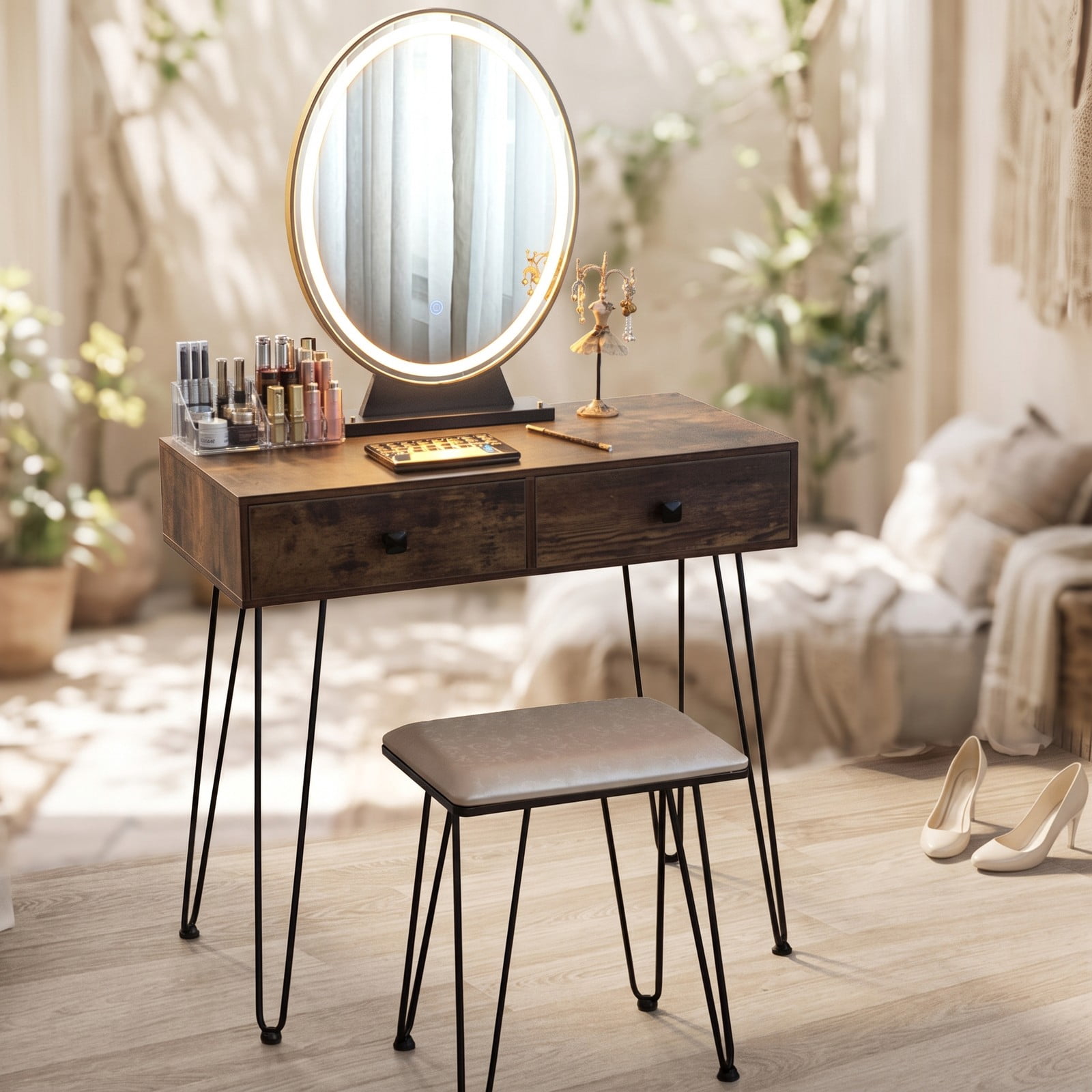 Furnibear Industrial Makeup Dressing Table with 3 Lighting Modes and Removable Mirror and Cushioned Stool for Bedroom, Rustic Brown