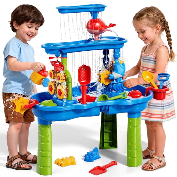 3-Tier Water Table for Toddlers 1-3, Multi-Functional Sand Water Table Toy with Rich Sand Toys, Sensory Activity Table for Kids Outdoor Indoor Beach Fun