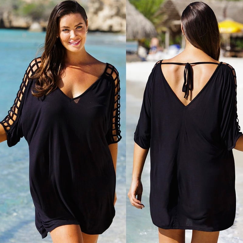Ladies Dot Loose Large Size Beach Dress Cover Belly Chiffon Sling Dress Two Piece Black XL-XXXXL 