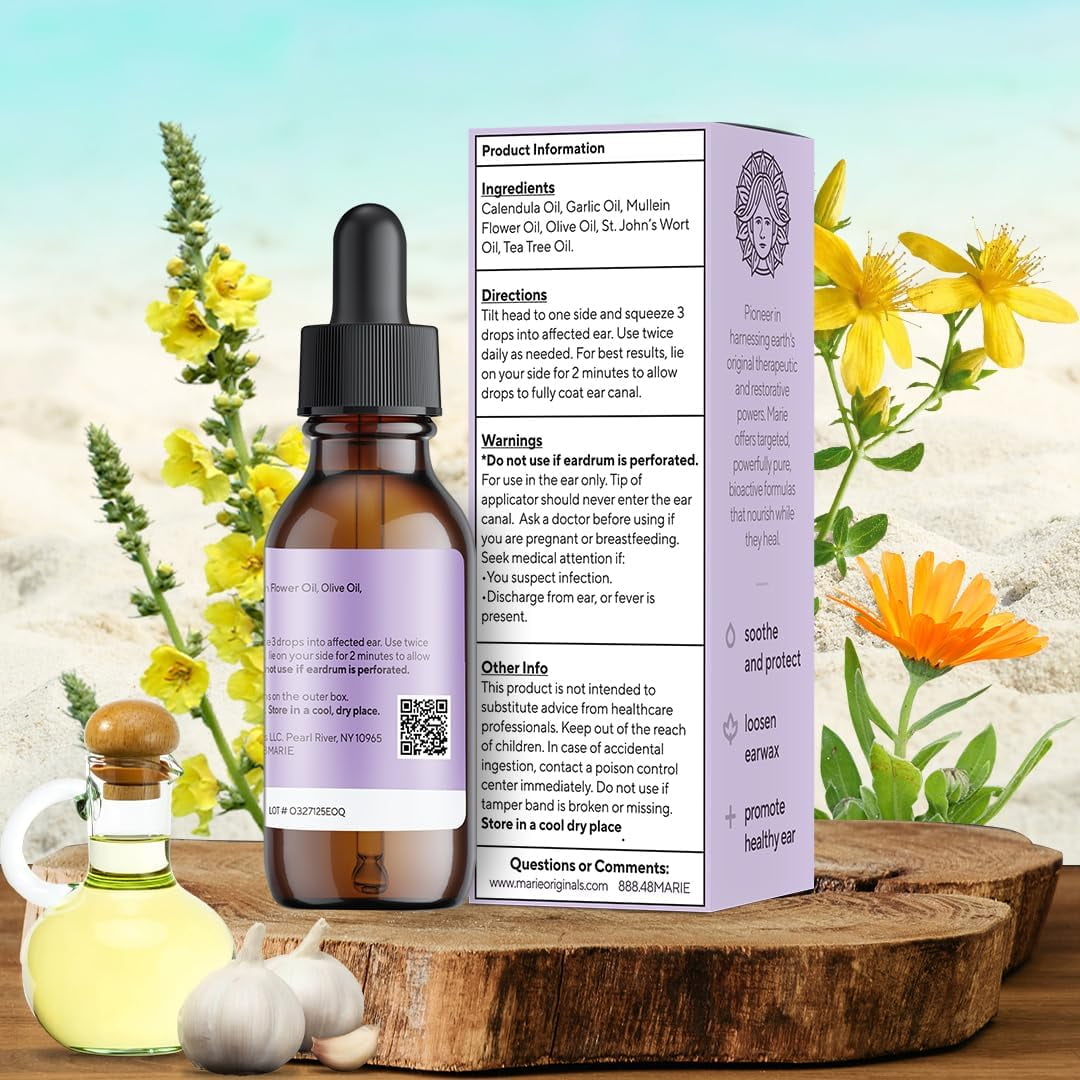Marie Originals Natural Ear Oil Drops, Mullein & Garlic Herbal Ear Drops for Ear Comfort, Soothing Earache Support for Adults, Kids & Pets, Helps with Ear Wax Soften & Removal, 1 oz
