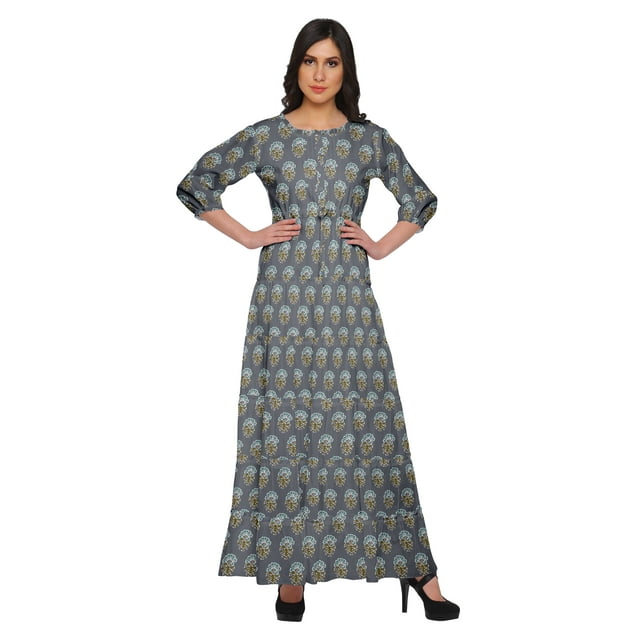 Moomaya Robe Longue Maxi Imprimée à Col Rond, Manches 3/4, avec Taille à Cordon