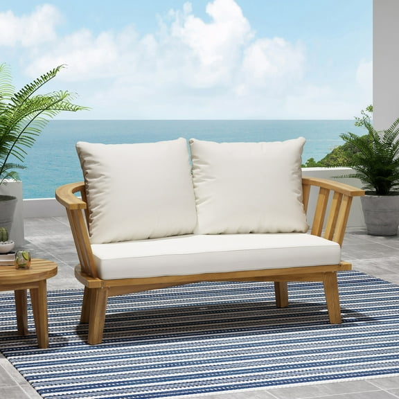 Miekor Furniture Outdoor Wooden Loveseat With Cushions - White/Teak - 55.50" W X 27.00" D X 25.50" H B5A0537