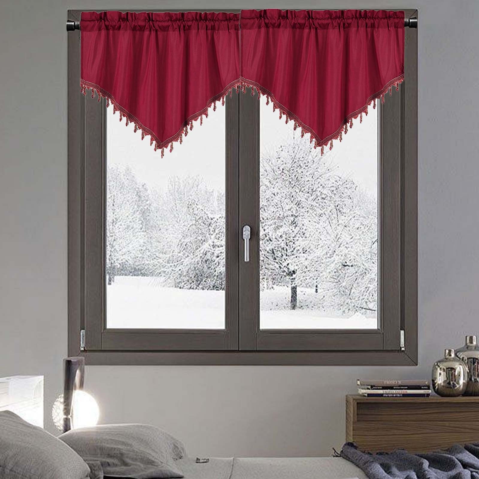 Beaded Triangle Sheer Valance Curtains for Living Room, Rod Pocket Farm Window Valance, Bead Trim Tassel Voile Sheer Curtain Valance for Bedroom Bathroom Cafe