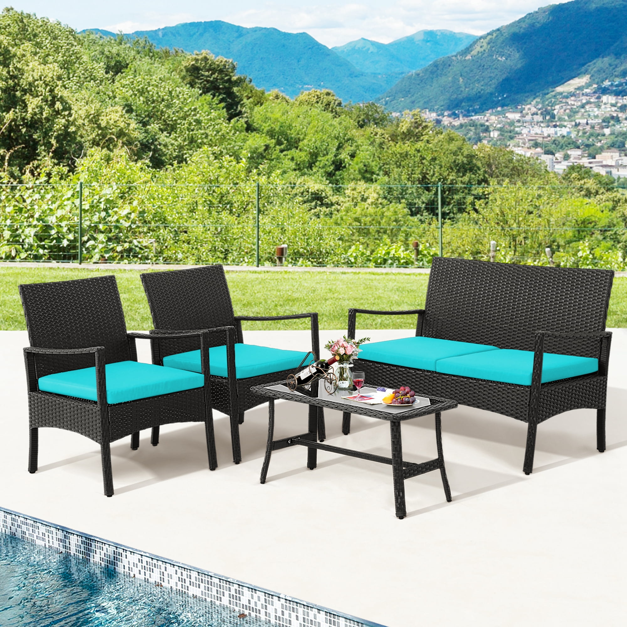 Costway 4PCS Patio Wicker Furniture Set Cushioned Chairs& Loveseat with