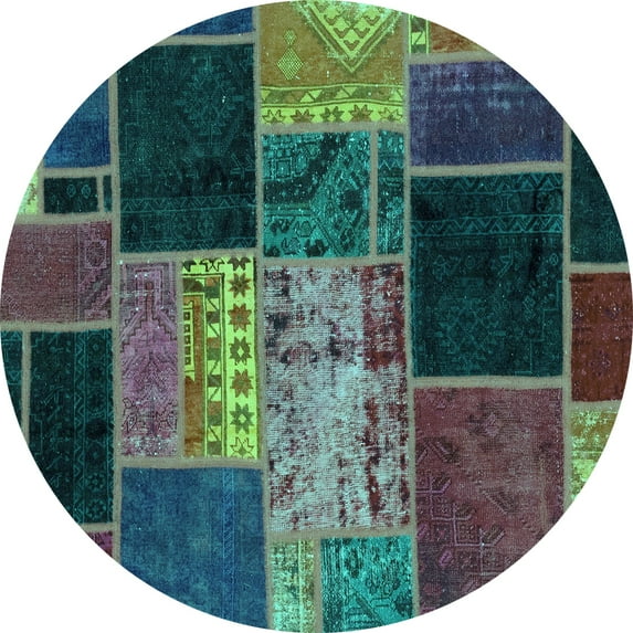Ahgly Company Machine Washable Indoor Round Patchwork Turquoise Blue Transitional Area Rugs, 8' Round