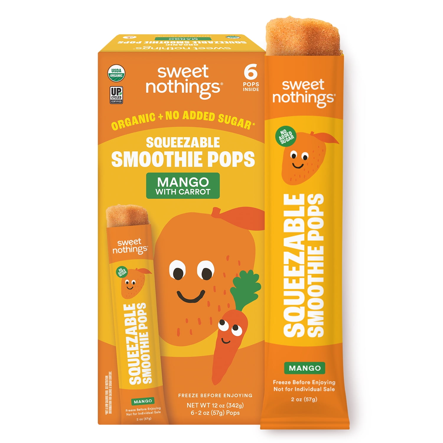 Sweet Nothings Mango with Carrot Smoothie Organic Frozen Fruit Pops, No Added Sugar, Frozen, Dairy Free, 2 Ounces, 6 Count. Allergens: None
