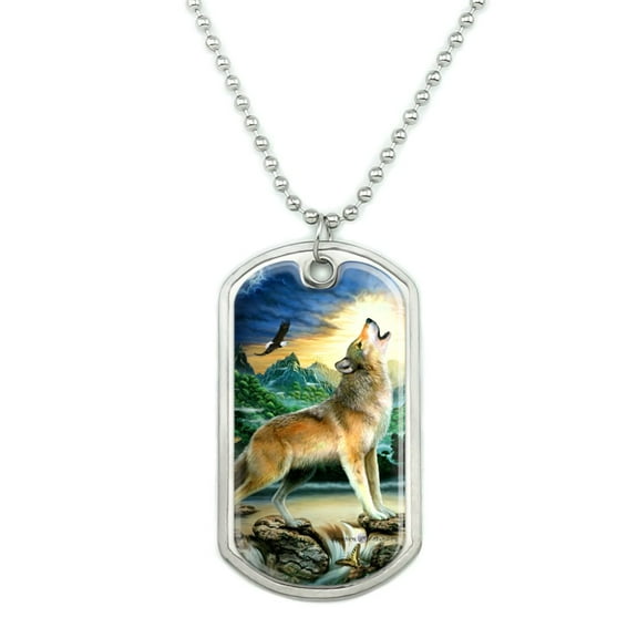 Howling Wolf Sunset Forest Butterflies Military Dog Tag Pendant Necklace with Chain