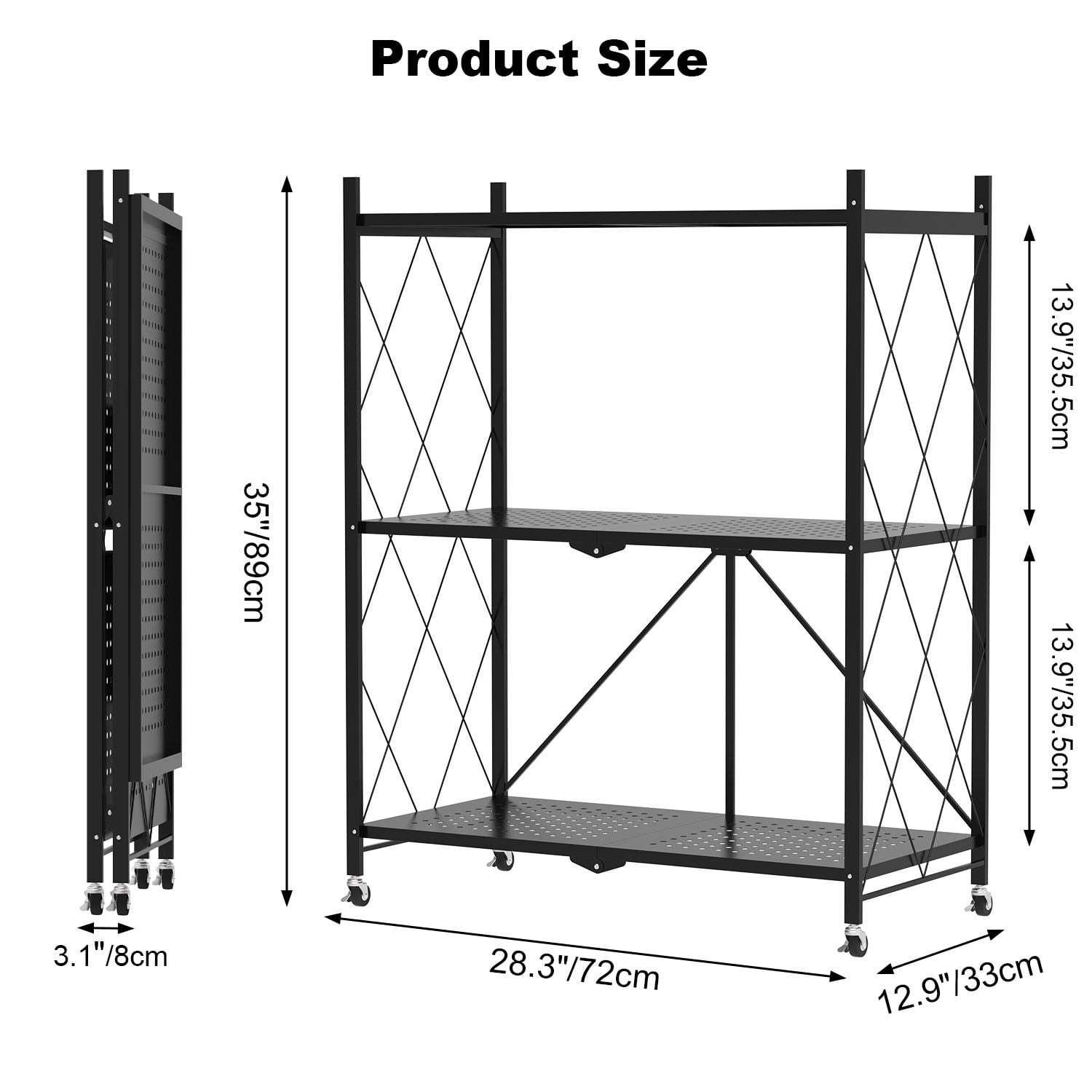 3 Tier Foldable Shelf with Wheels, Portable Carbon Steel No Assembly Organizer, Collapsible Rolling Standing Utility Storage Rack for Kitchen Pantry Office, Black