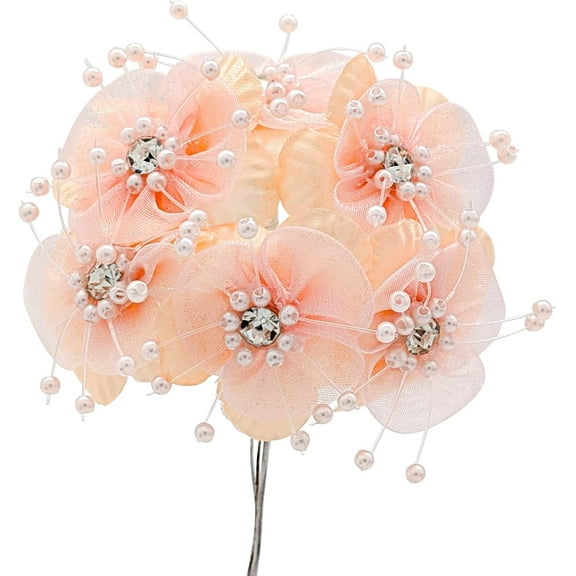 72PC Blush Artificial Organza Flower Rhinestone Pick for Home Craft Decor DIY Wedding Bridal Veil Headband Dress Cake Topper Embellishment Scrapbook Favor Corsage Floral Bouquet Arrangement