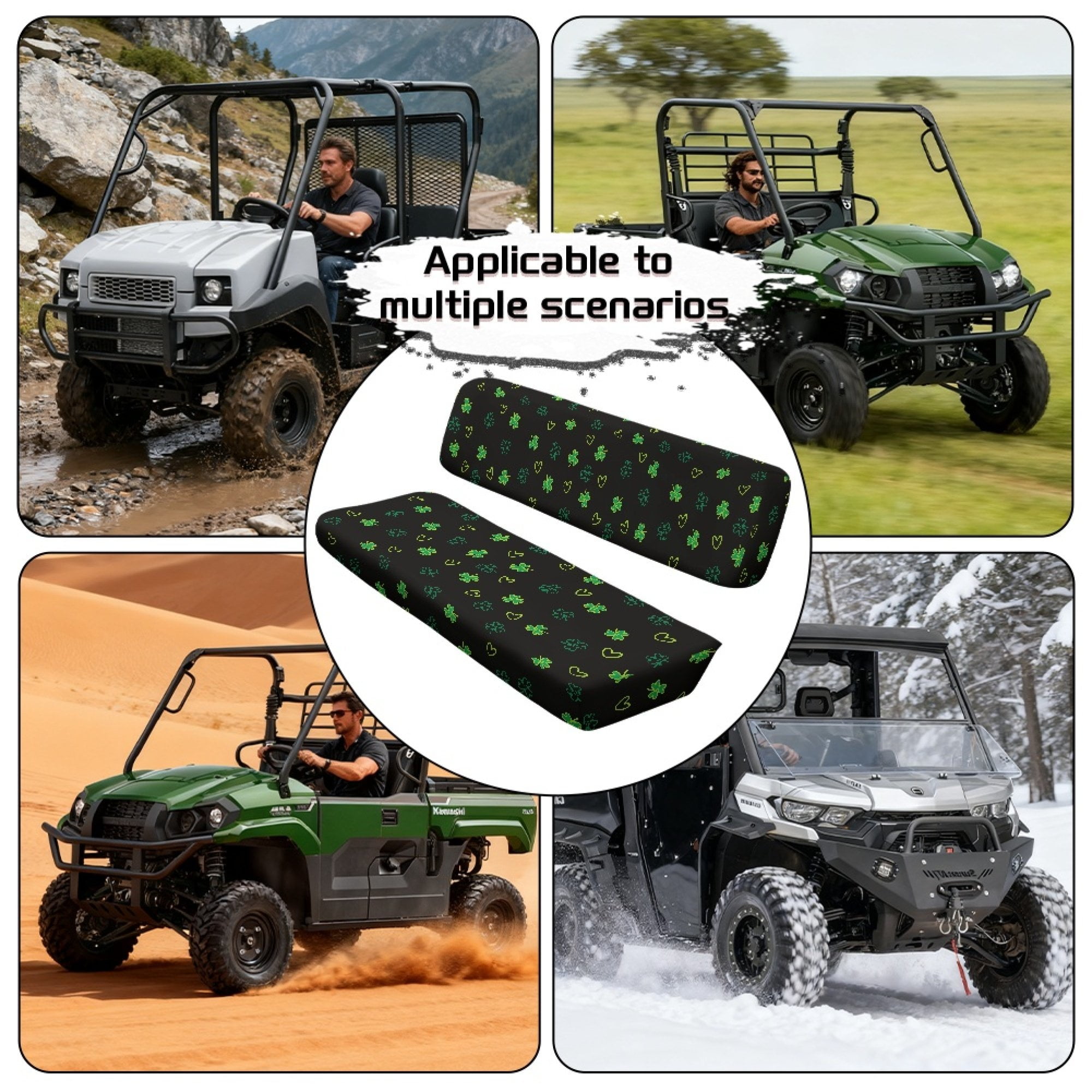 ZIATUBLES UTV Seat Covers 2 Pack, Black Clover Heart Print Waterproof Polyester Front Seat Protectors Compatible with Kawasaki Mule 3020 4000, St. Patrick's Day UTV Decor Accessory Part