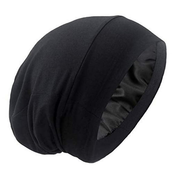 Satin Lined Hair Cover Sleep Cap Adjustable Stay on Slouchy Skull Night Sleeping Beanie for Frizzy Natural Curly Hair - Solid Black