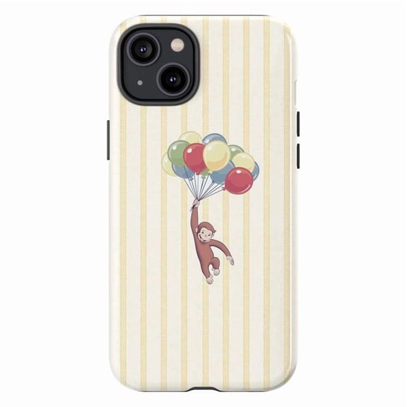 Curious Monkey & Balloons Art Phone Case, Yellow Striped Cute Cartoon Cover for iPhone 17 16 15 14 13 12 11 Pro Plus Mini