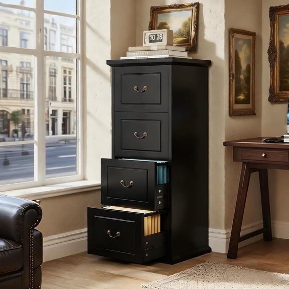 Tribesigns 4-Drawer File Cabinet, Vertical Wood Filing Cabinet for A4/Letter/Legal Files, Tall File Storage for Home Office, Black