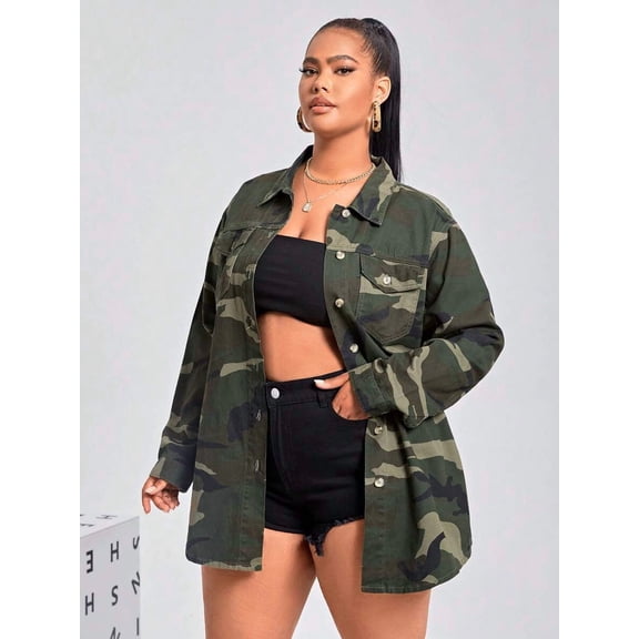 Womens Green Camo Print Denim Jacket With Flap Pocket