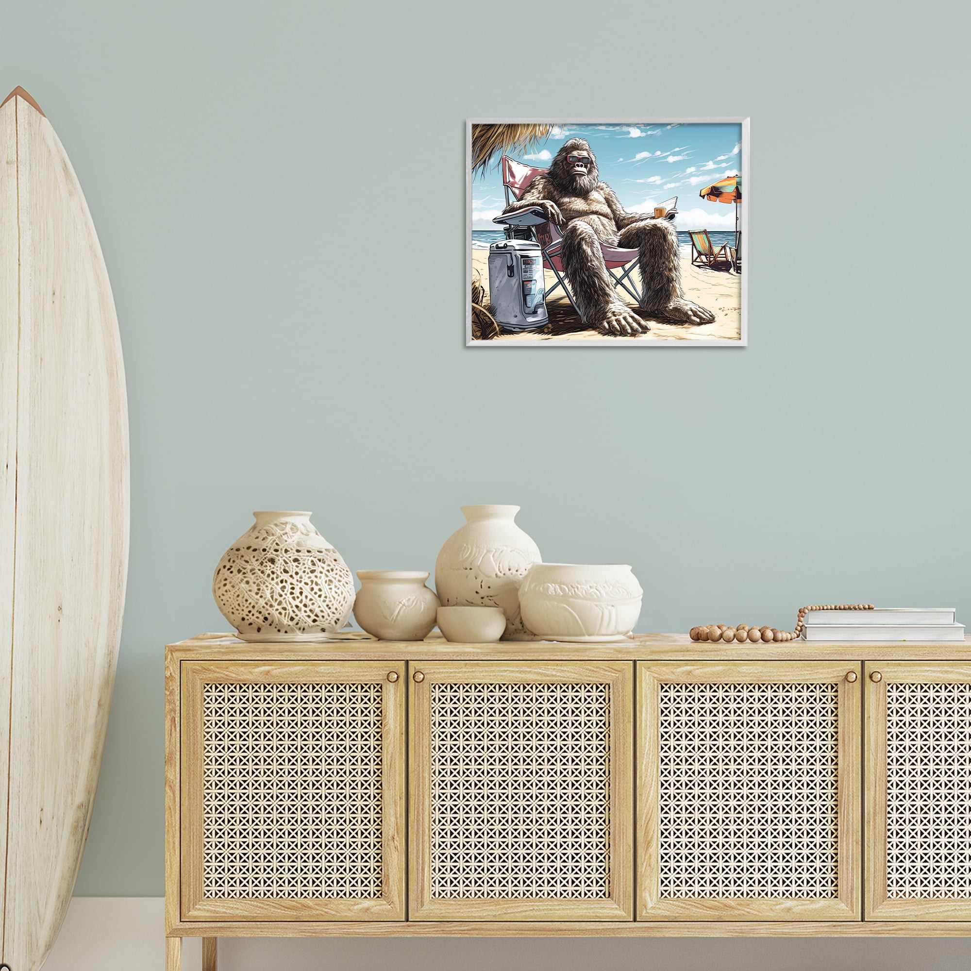 Stupell Industries Big Monster on Beach Fairy Tales & Fantasy Painting White Framed Art Print Wall Art, 20 x 16