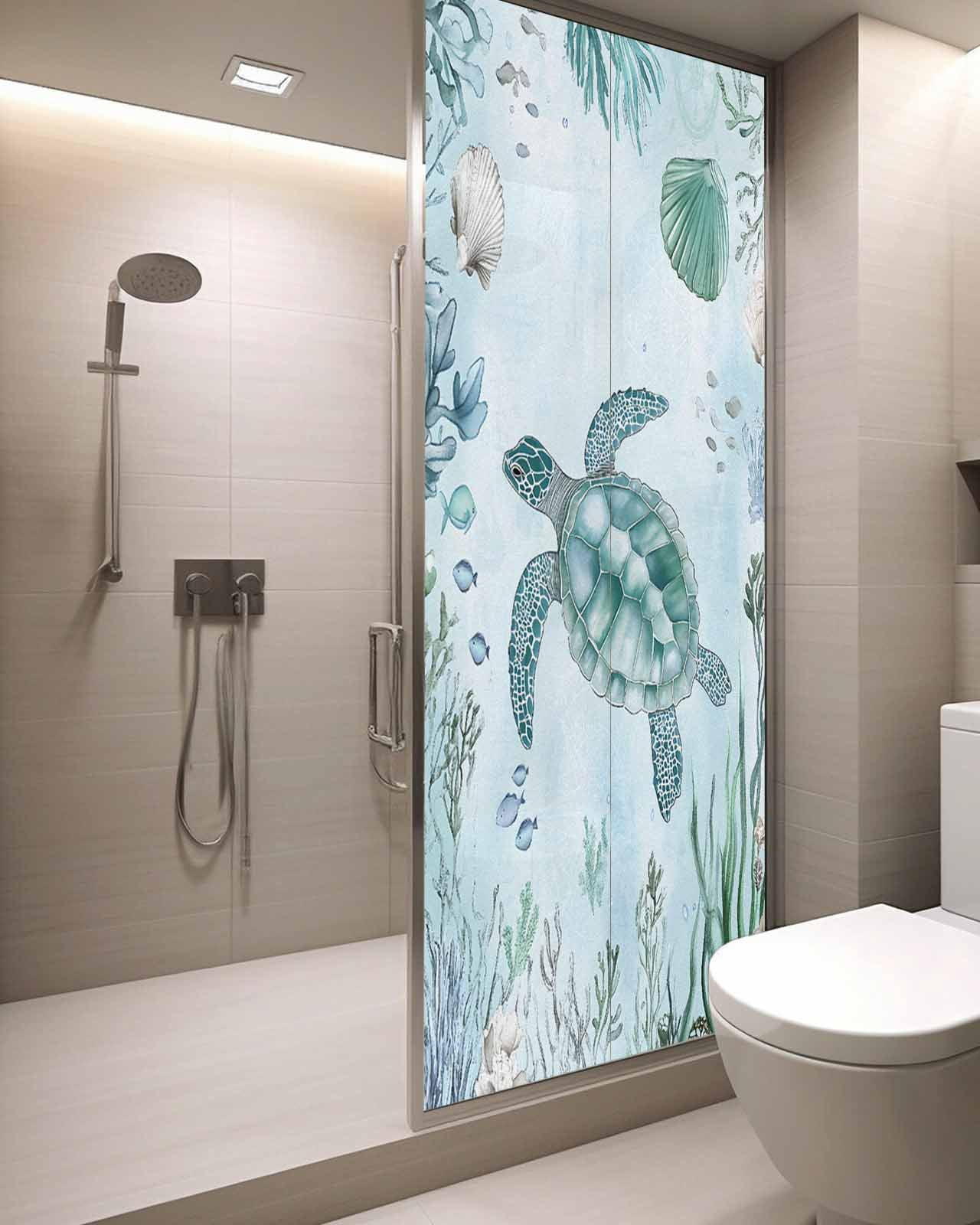 Window Privacy Film Coastal Turtle Stained Glass Window Film Decorative Sun Block Window Cover Beach Nautical Seashells Seaweed Coral Window Clings Static Adhesive Sticker for Bathroom 29.5"x78.7"