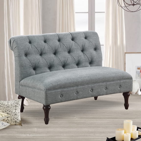 Grey Tufted Upholstered Loveseat With Dark Wood Legs For Living Room