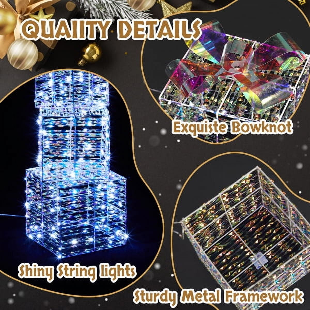 3-Piece Lighted Iridescent Gift Box Set - 140 Warm White LEDs, Weather-Resistant Metal Frame, Indoor/Outdoor Christmas Decor for Yard/Porch/Tree