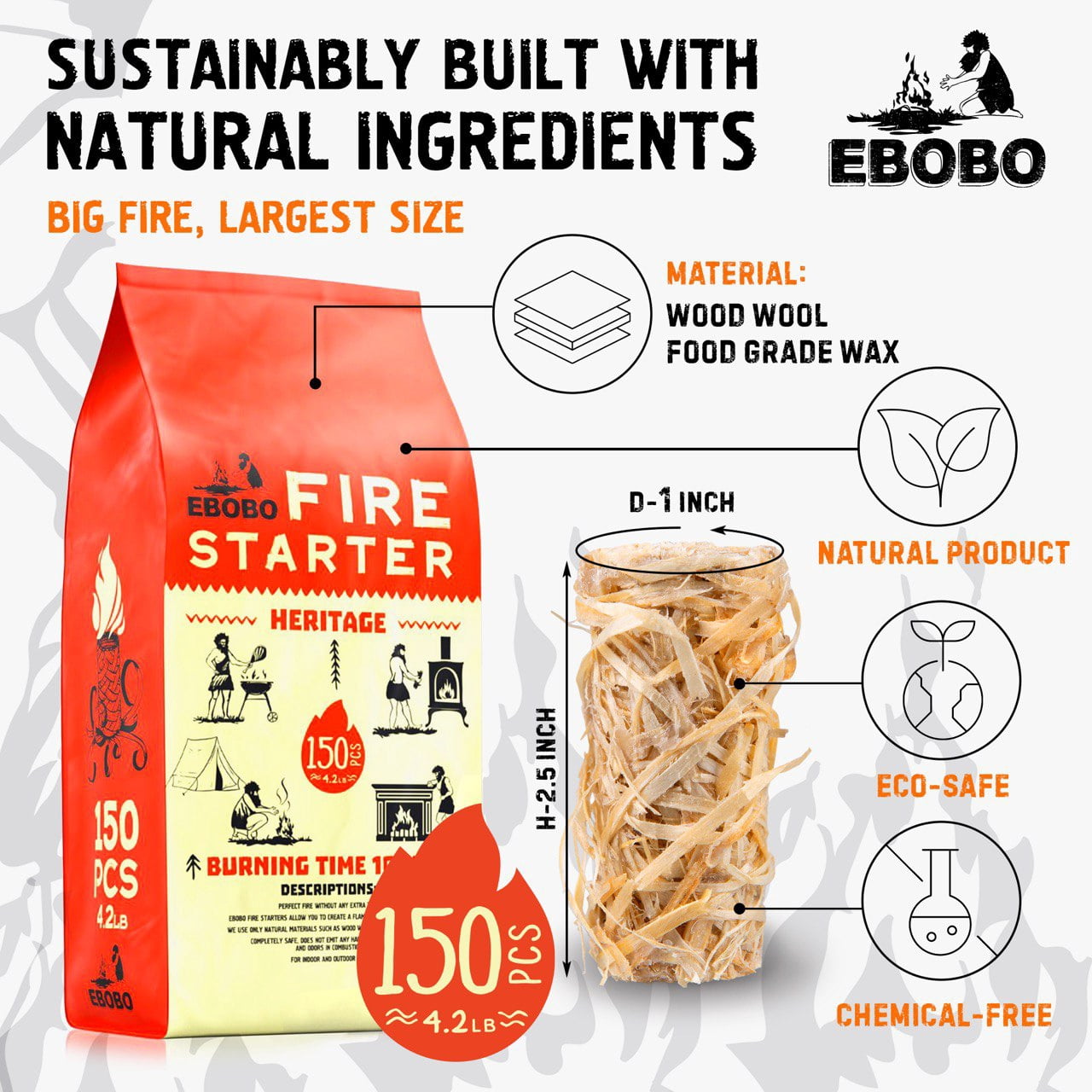 Ebobo - Natural Fire Starter, 150 Firelighters, 10 Min Burn Time