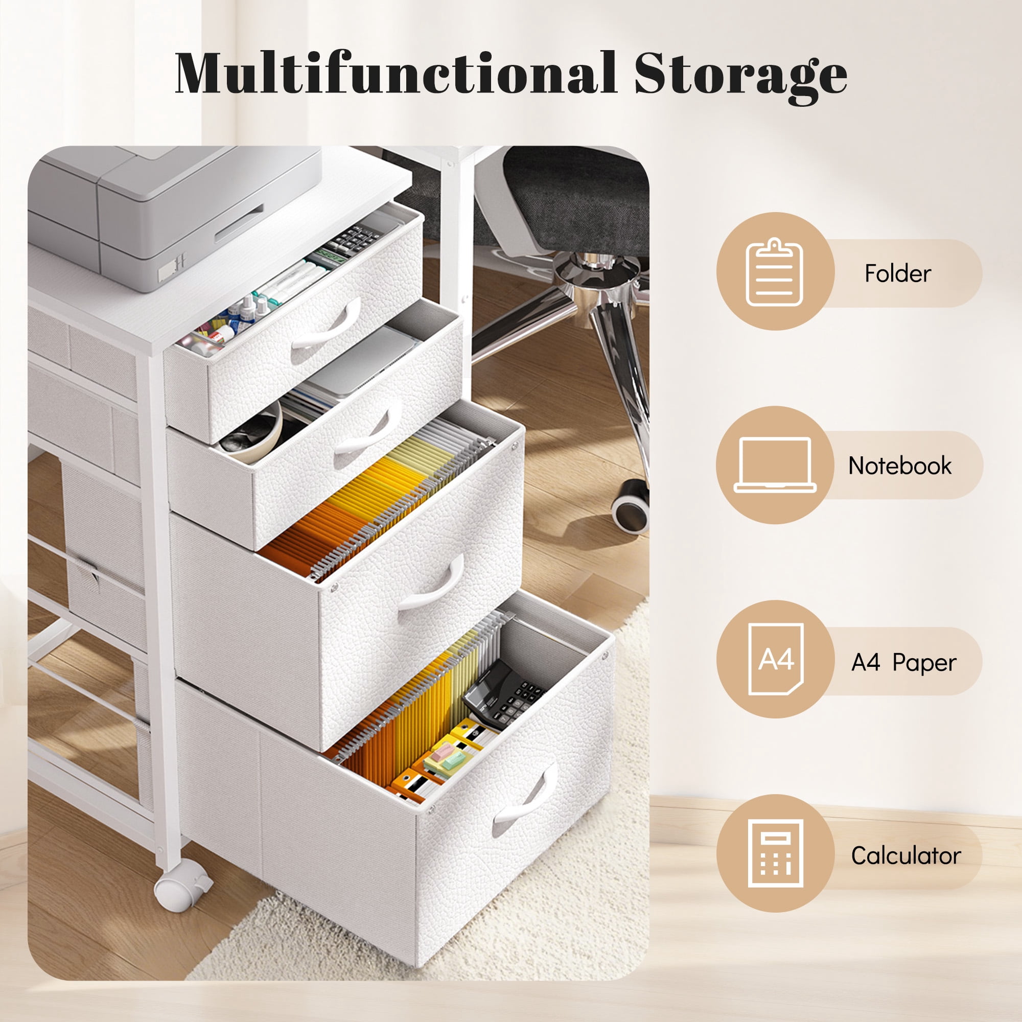 Romorgniz 4 Fabric Drawers Mobile File Cabinet Desk Table Cabinet Fits A4/Letter Size Printer Stand for Home Office，White