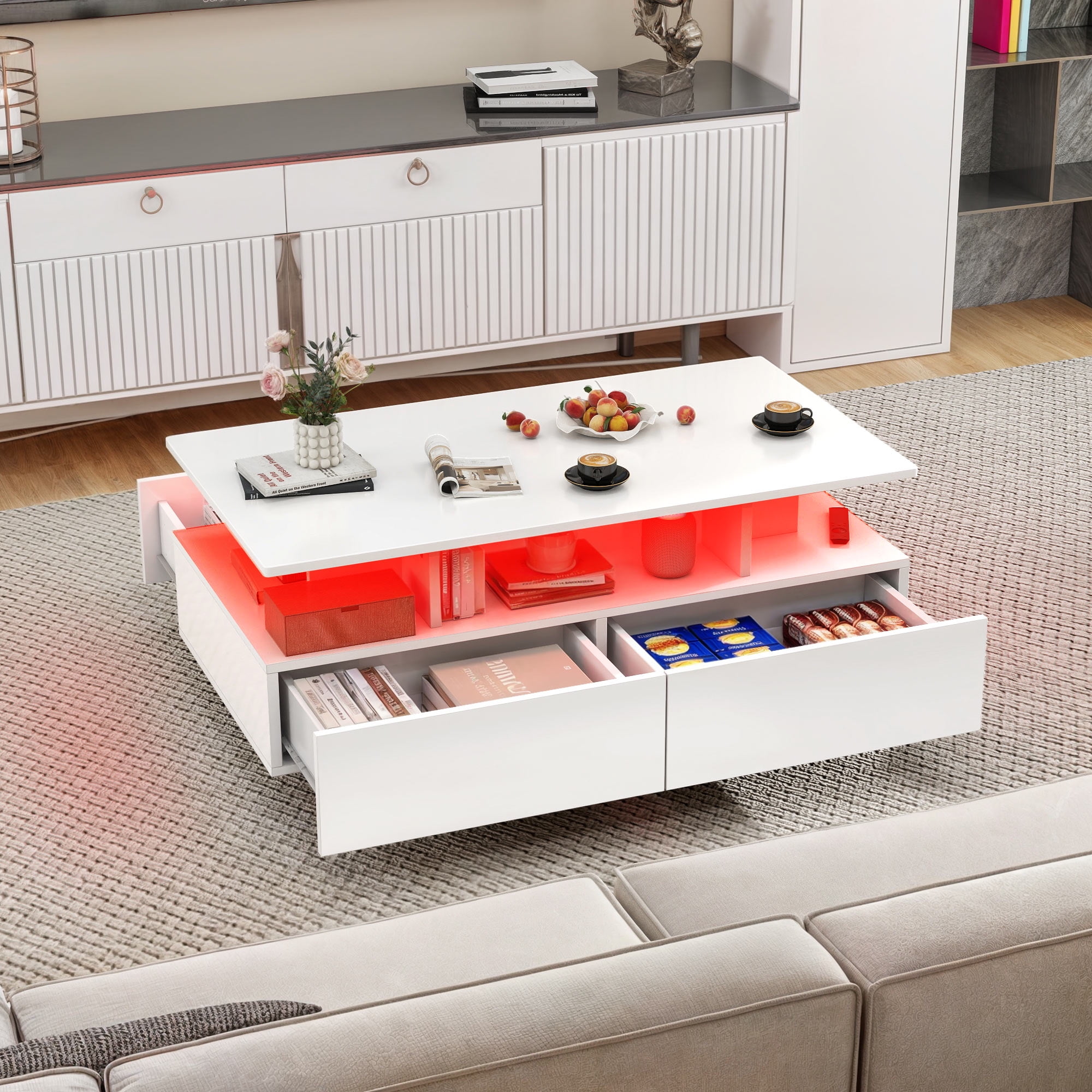 Uforic LED Coffee Table, Modern Center Tables with Storage for Living Room, White