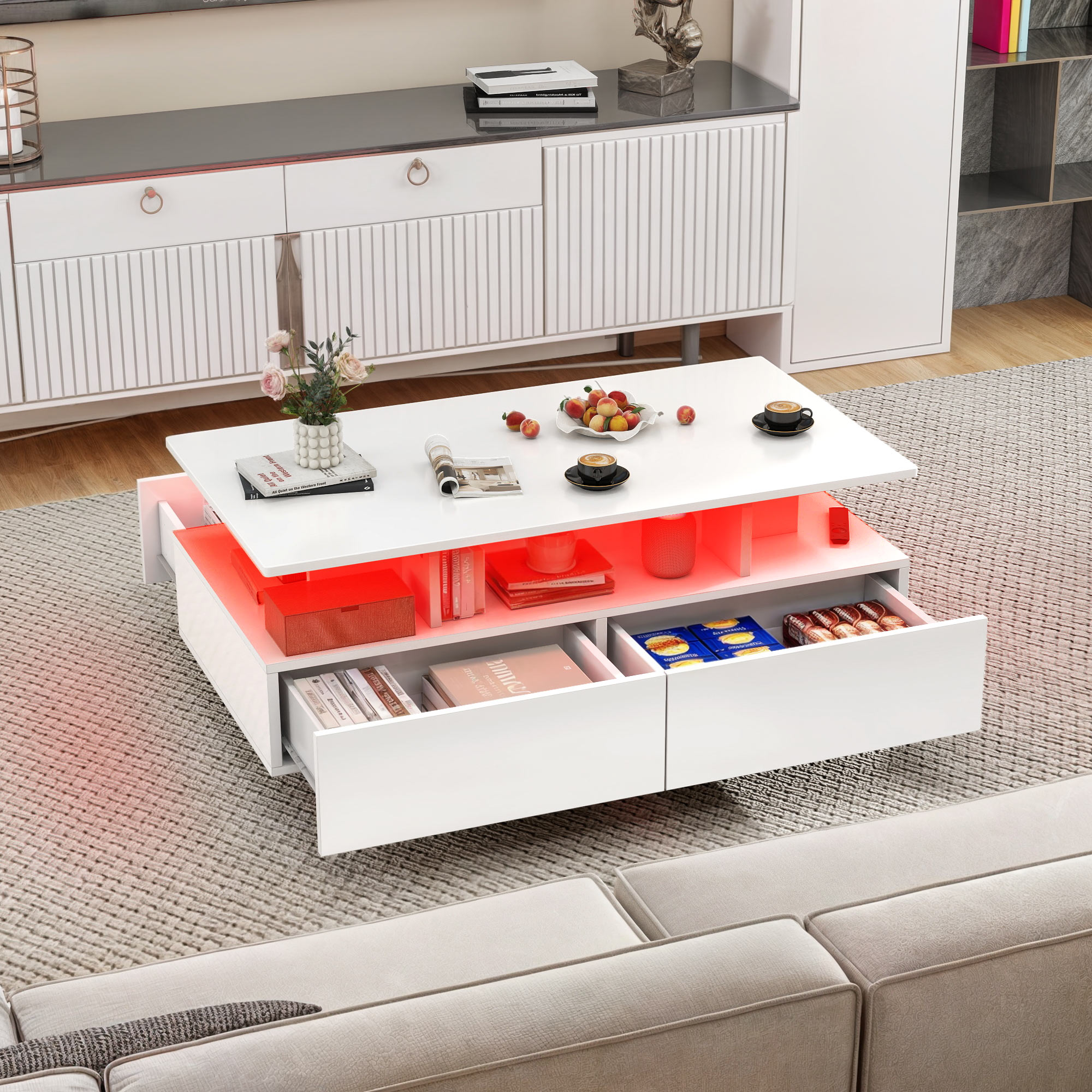 Uforic LED Coffee Table with Storage, Modern White photo 3