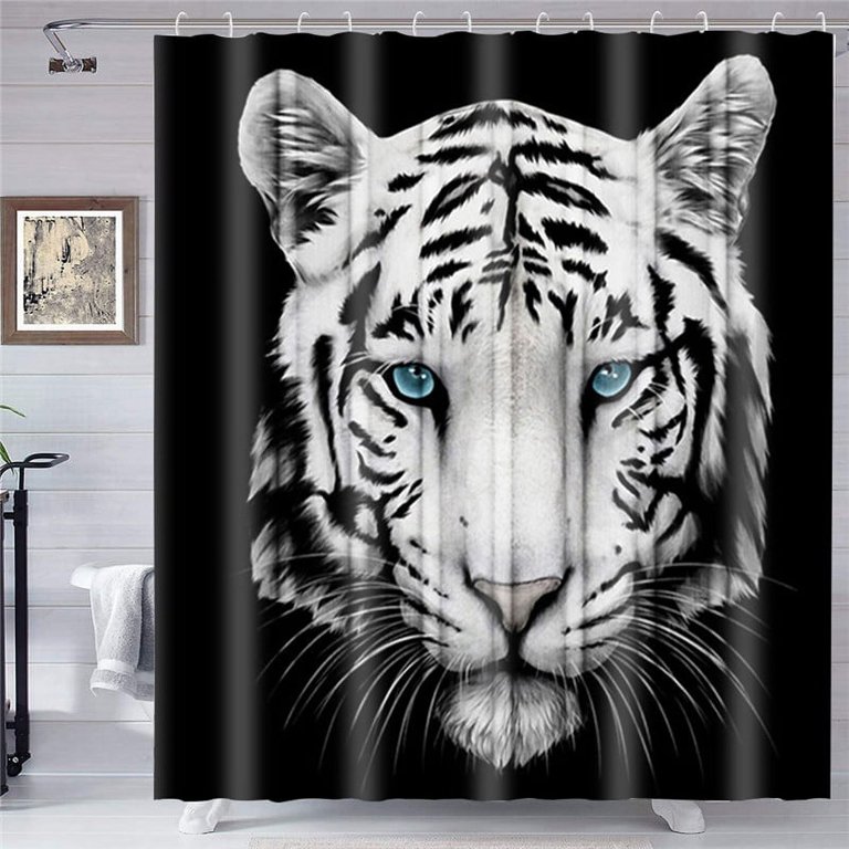 4-Piece White Tiger Shower Curtain Set - Includes Shower Curtain, Non-Slip Rug, Toilet Lid Cover & U-Shape Mat, 71x71 Inch