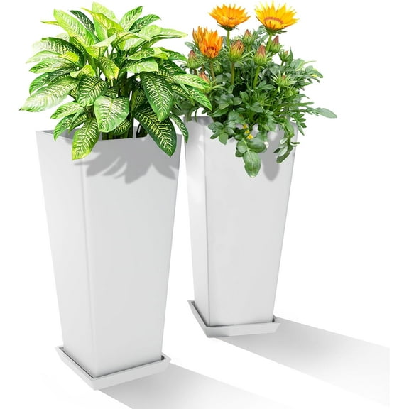 24-Inch Tall Planters Set of 2 for Outdoor and Indoor Use, Tapered Flower Pots with Drainage Tray, Front Porch and Patio Decor, Ideal for Large  – White