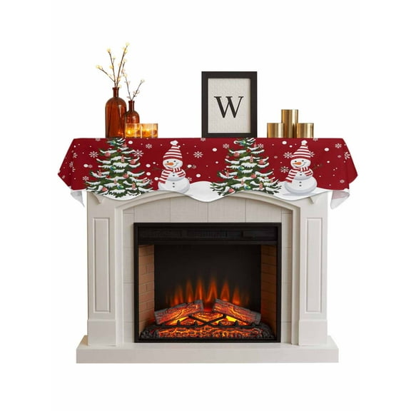 Red Christmas Fireplace Mantle Scarf, Xmas Snowman Pine Tree Winter Snowflakes Mantel Cover Table Runner for Home Living Room Door Window, Indoor Outdoor Holiday Party Decor 17" x 70"