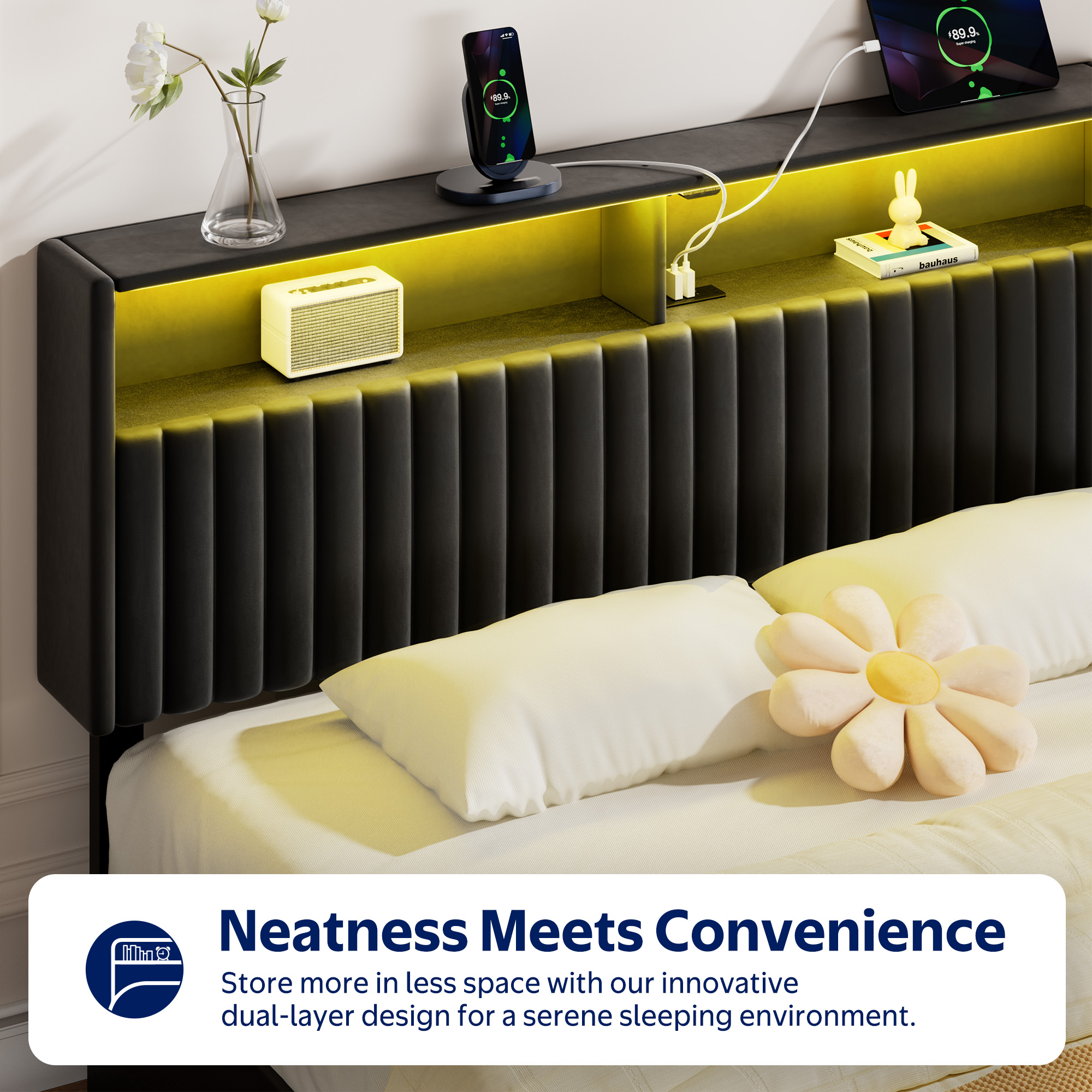 Greenstell Full Size Adjustable Storage Headboard Only - Modern Upholstered Head Board with LED Lights, Charging Station & Soft Padding, Black