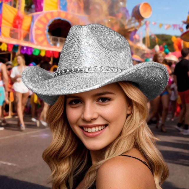 European Sequined Western Cowboy Hat with Chain Accessory for Festive Occasions and Daily Wear