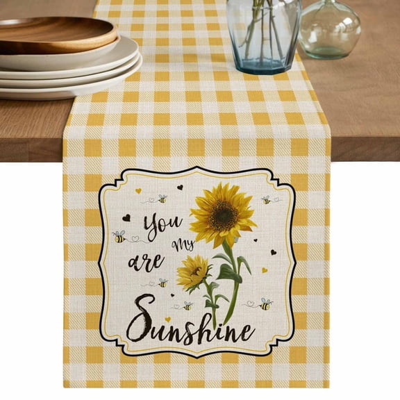 Table Runner 72 Inches Long for Kitchen Dining, Sunflowers Dresser Scarf Farmhouse, Dining Table Decorations for Wedding/Parties, Yellow Floral Botanical Checkered Rustic 14 x 72 In