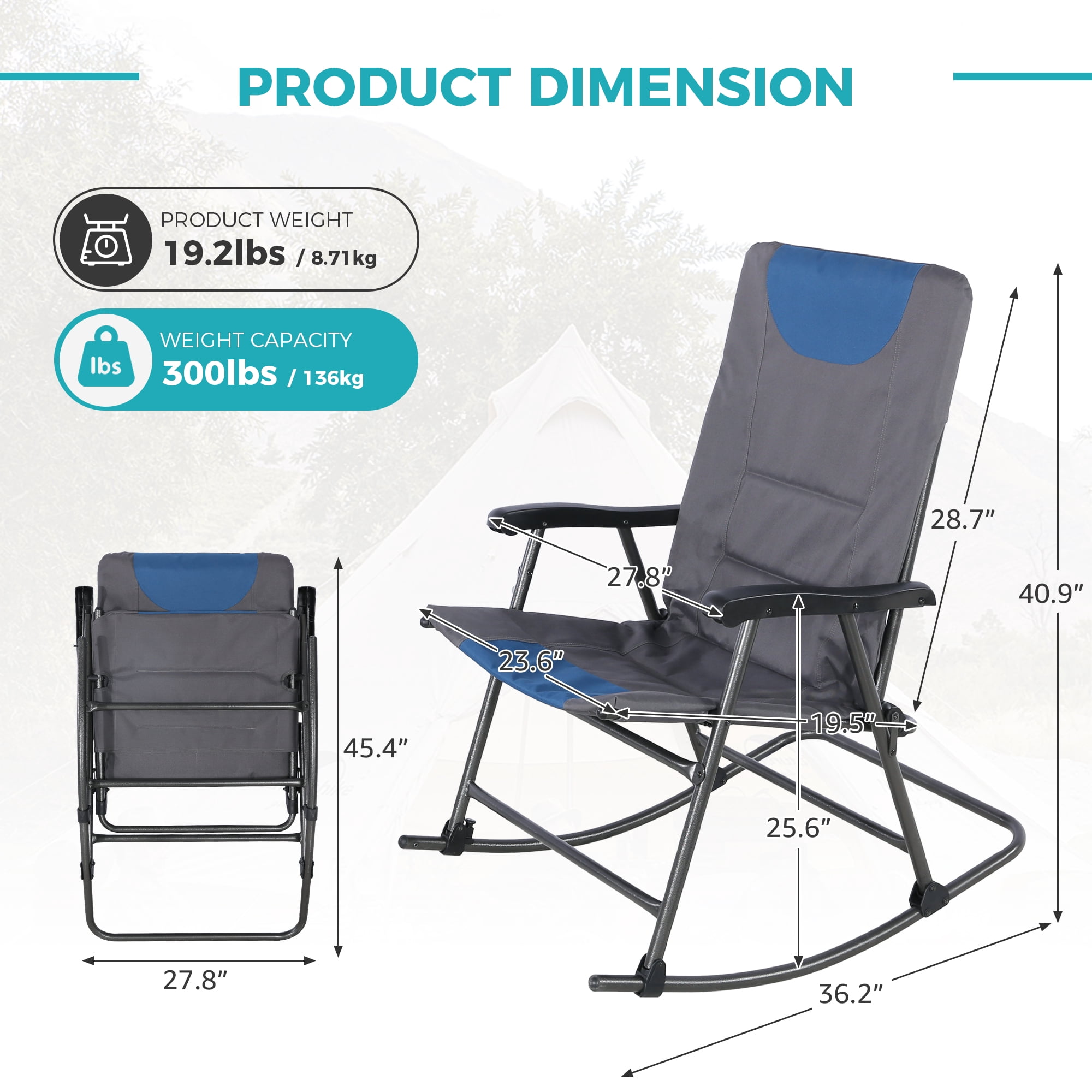 Oversized Folding Rocking Camping Chair, High Back Airmesh Outdoor Rocker with Hard Armrests, Storage Pockets & Carry Bag for Patio Lawn Camping