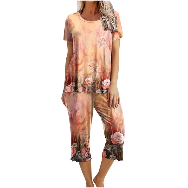Conjunto de Verano para las Mujeres Impreso Cuello Redondo sin Mangas Y Pantalones, Casual de Dos Piezas para las Mujeres