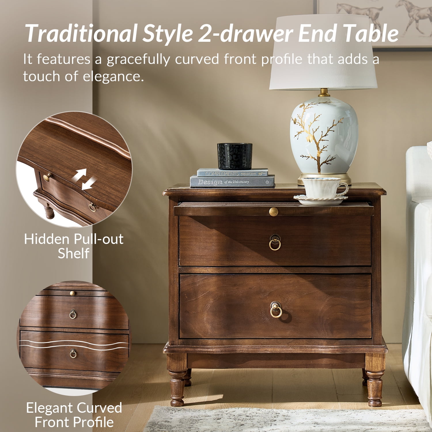 25" Traditional 2 Drawers Solid Wood End Table Set of 2 with Pull-out Tray and Charging Station Walnut