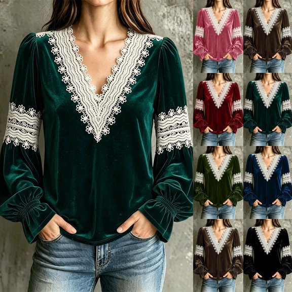 Lutiedan Velvet Tops for Women Lace V Neck Puff Long Sleeve Shirts Dressy Casual Fall Winter Velour Blouses S-XXL