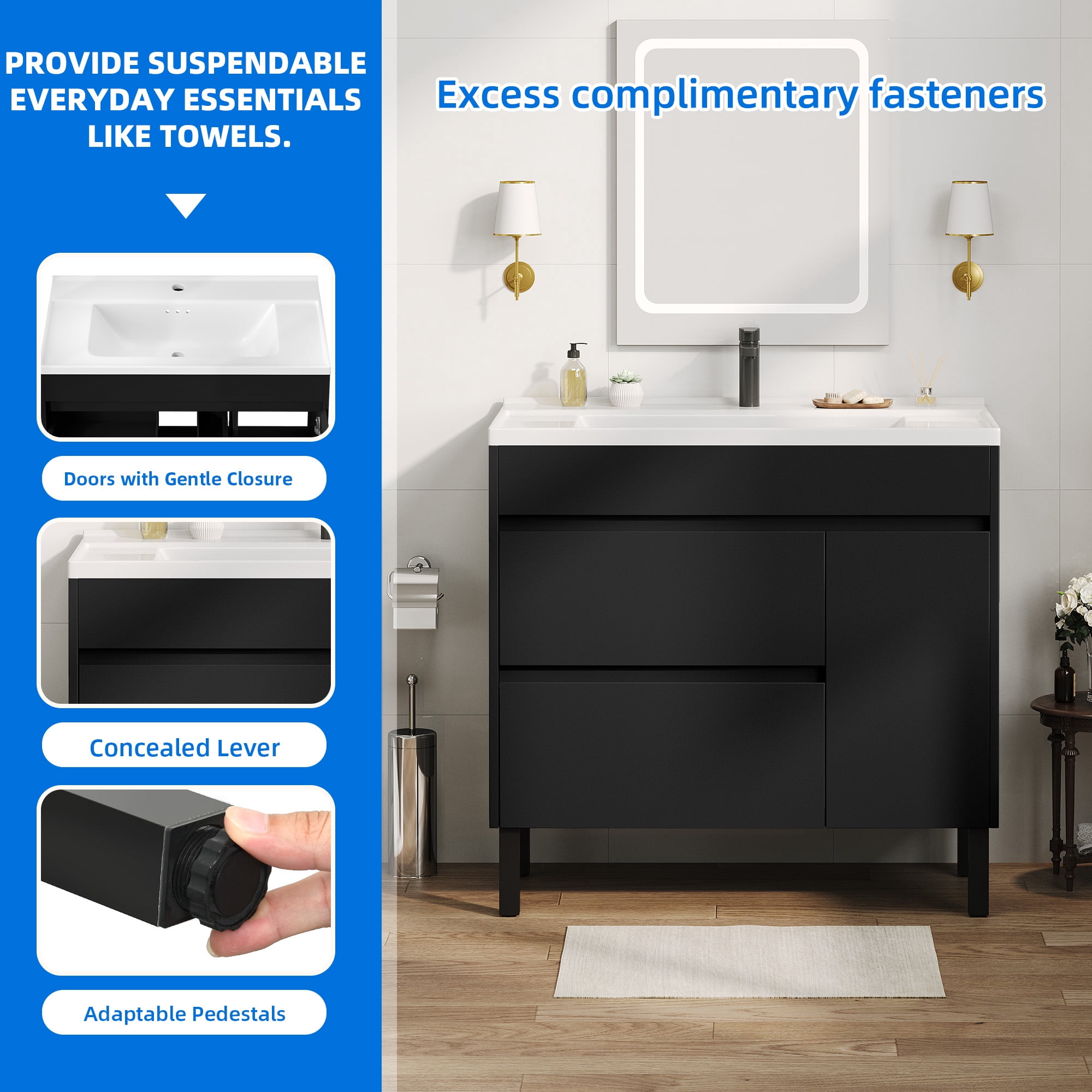 Dextrus 36 Inch Bathroom Vanity with Undermount Sink, Free Standing Bathroom Storage Cabinet with Drain, Black
