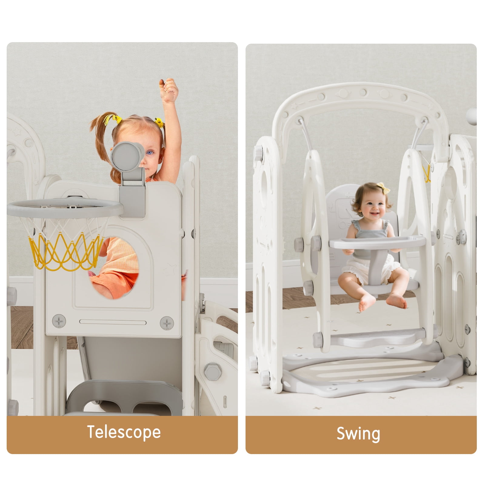 Kinsuite 7-in-1 Toddler Swing & Slide Set - Kids Slide for Toddlers 1-3 with Basketball Hoop, Swing, Ball, Storage Space & Telescope, Indoor & Outdoor Playground Playset (Grey)