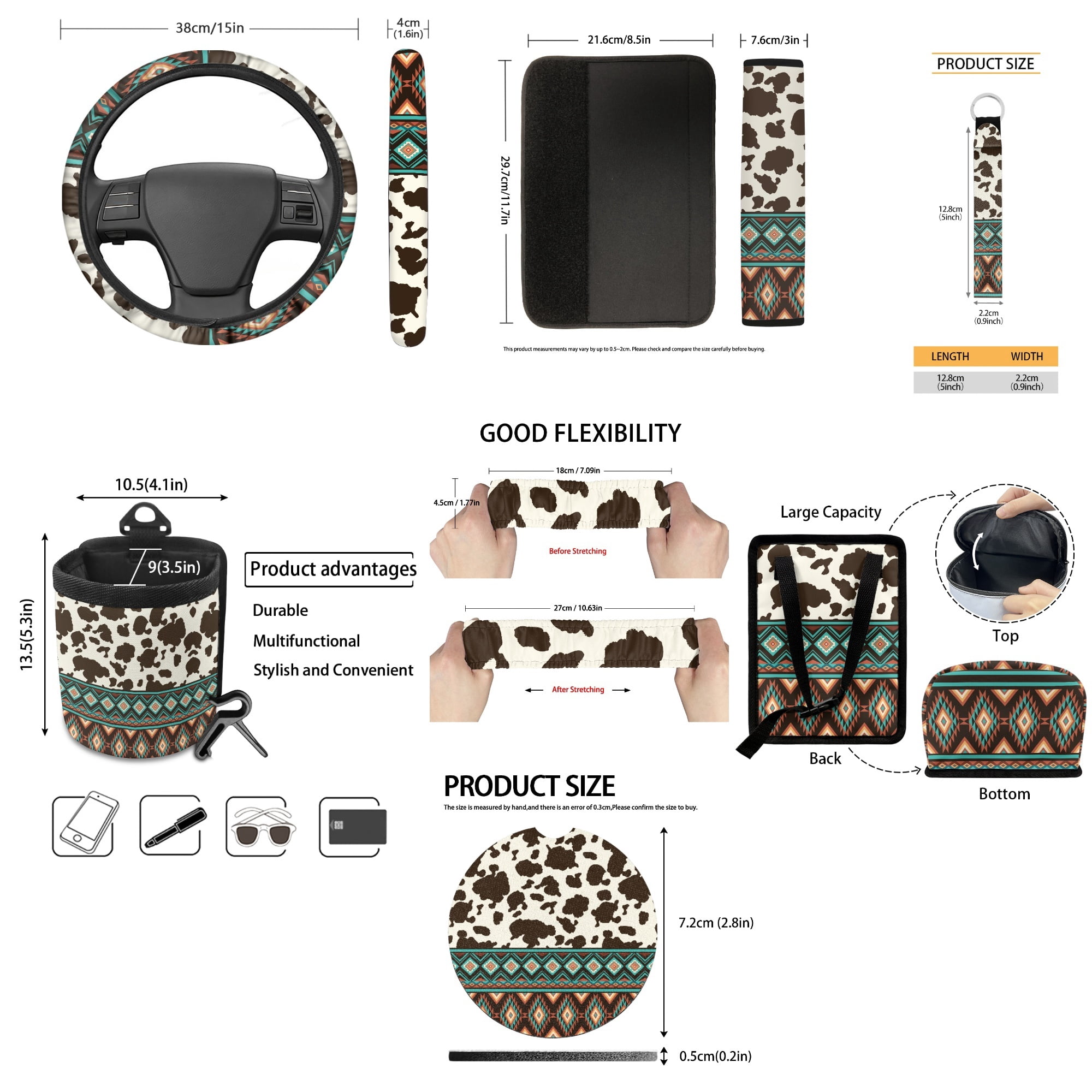 Yuyamidu Southwest Aztec Car Seat Cover Set 15 PCS Brown Cow Print Auto Steering Wheel Cover Seat Belt Strap Pads Cup Coasters Trash Bag Air Vent Storage Bag Rearview Mirror Cover Keychain