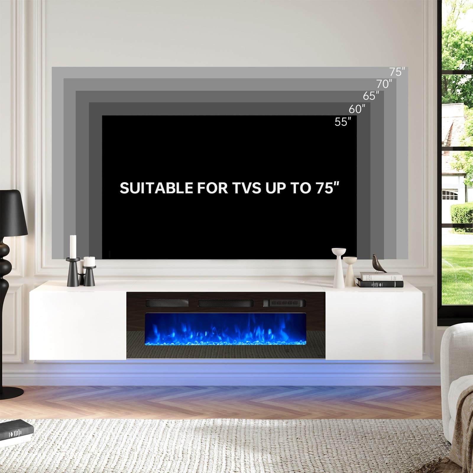 Easoger Floating TV Stand with 36" Electric Fireplace, Wall Mounted Fireplace Entertainment Center with Storage for TVs Up to 80", Adjustable Partition, Black/White (White TV Stand + Black Fireplace)