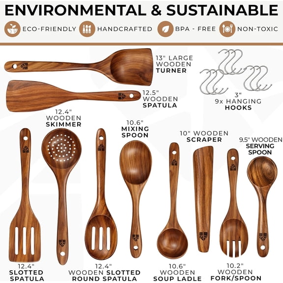 14-Piece Premium Teak Wood Cooking Utensil Set with Hooks and Spatulas for Nonstick Cookware