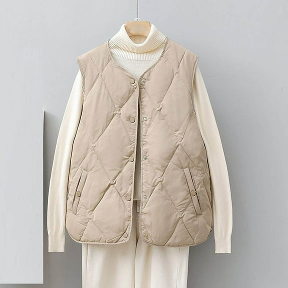 PNTUTB Women's Winter Warm Solid Color Puffer Vest Hoodless Sleeveless Snap Buttons Pocket Down Vest Coats