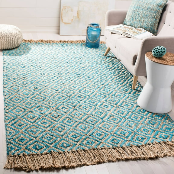 SAFAVIEH Natural Fiber Thomas Geometric Jute Area Rug, Turquoise/Natural, 6' x 6' Square